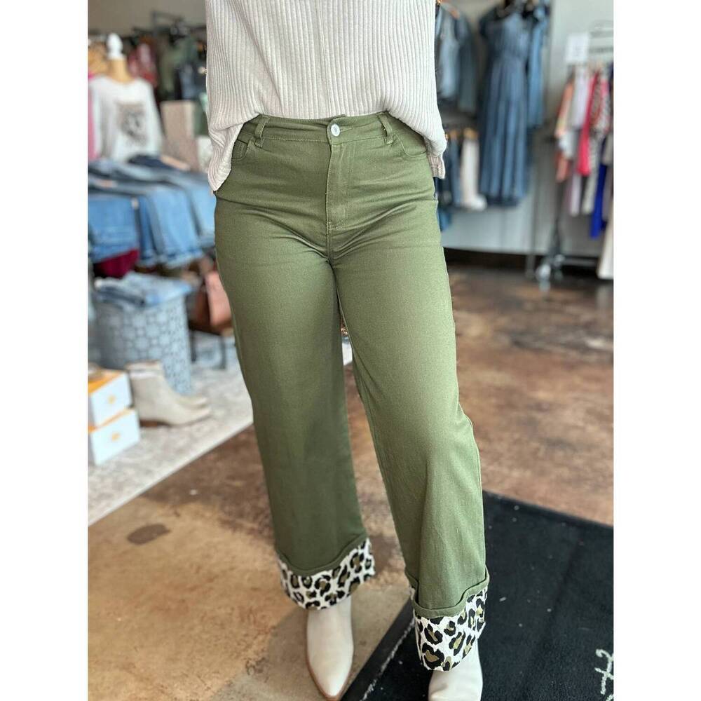 NEW ENTRO contrast cuff wide leg pants in olive